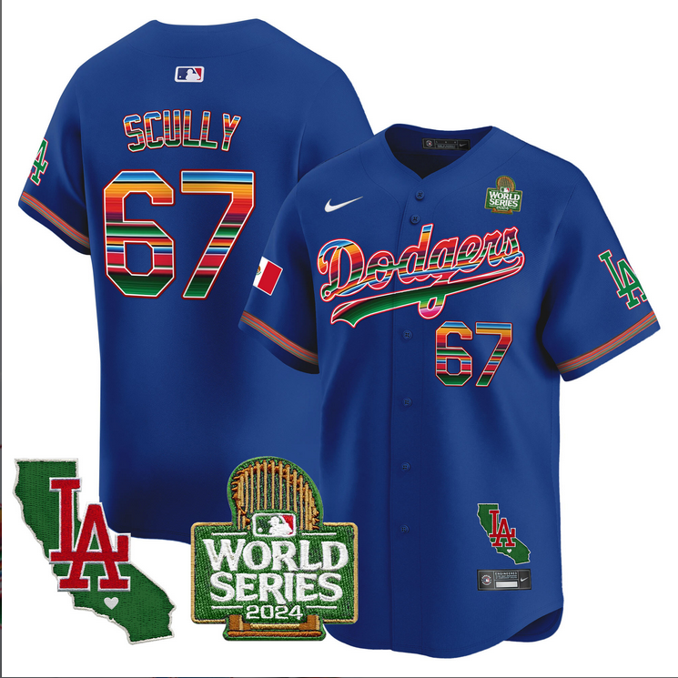 Men MLB Mexico Los Angeles Dodgers #67 Scully blue 2024 World Series Champions Patch Jersey 2024110